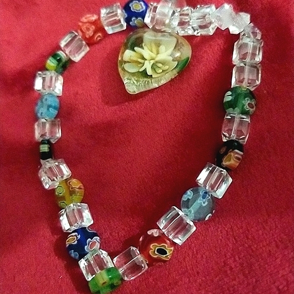 Millefiori Glass dried flower In glass heart pendant On Bracelet - Picture 1 of 10